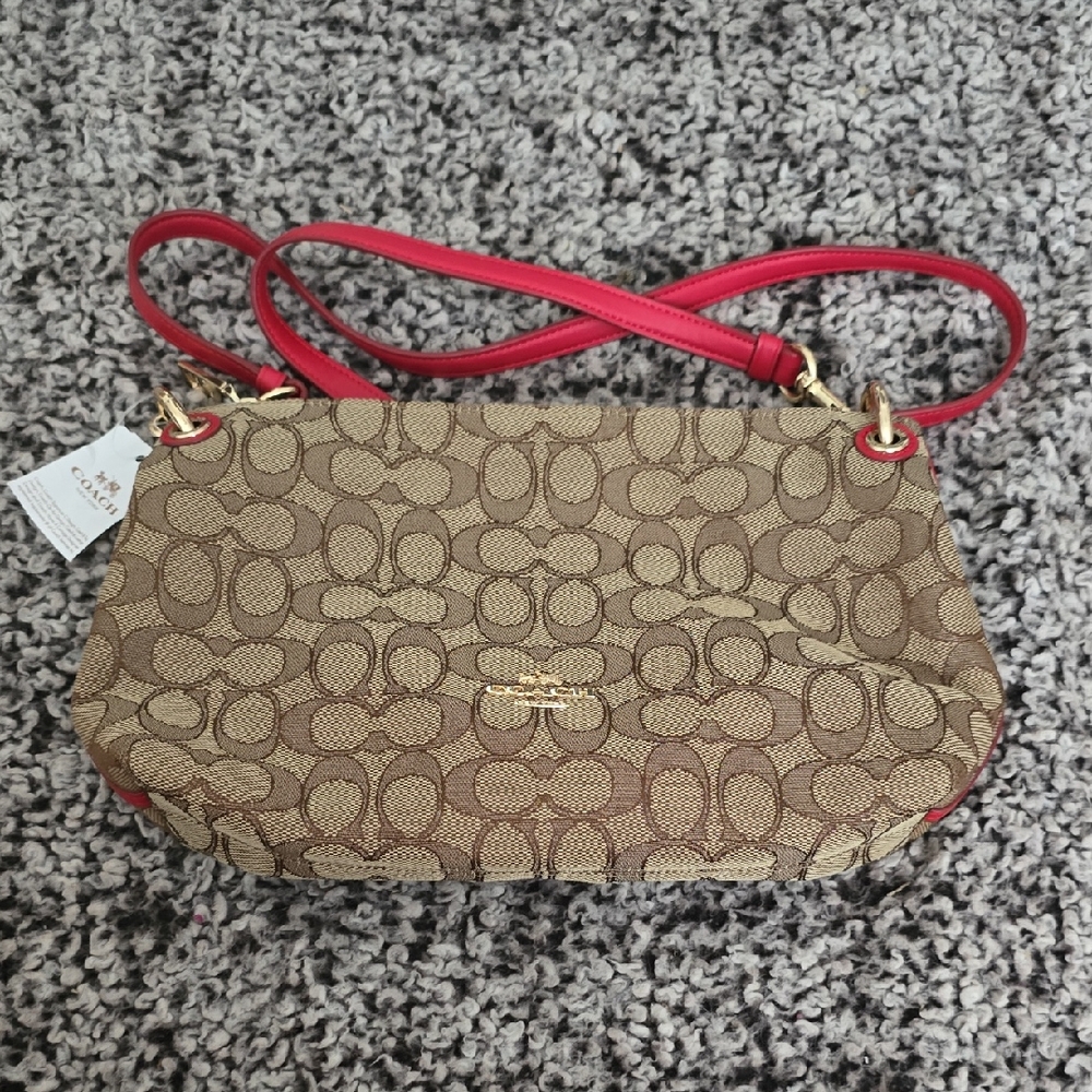 Coach Tan and Red Signature Shoulder Bag